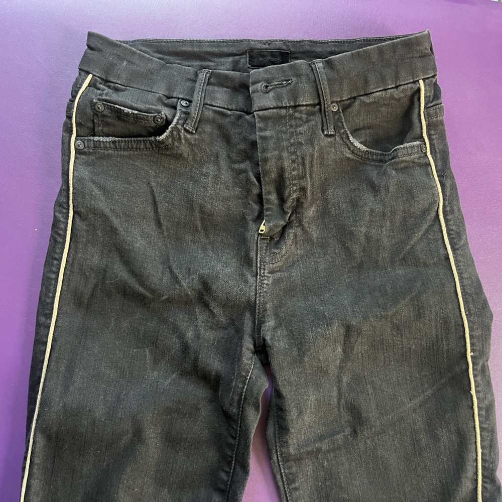 MOTHER Denim high-waisted “the looker” jeans size 25, dark grey w gold piping